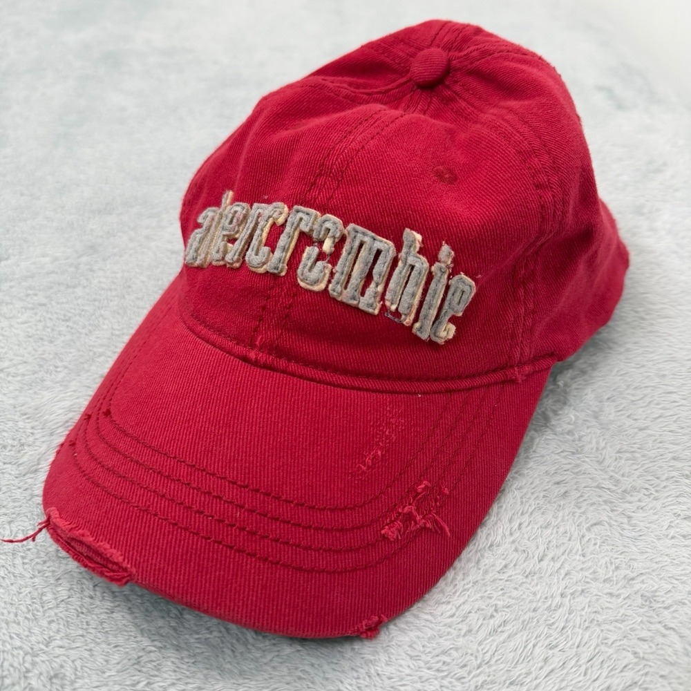 Vintage Abercrombie and Fitch Hat Adult Red Script Distressed Dad Cap Logo Y2K